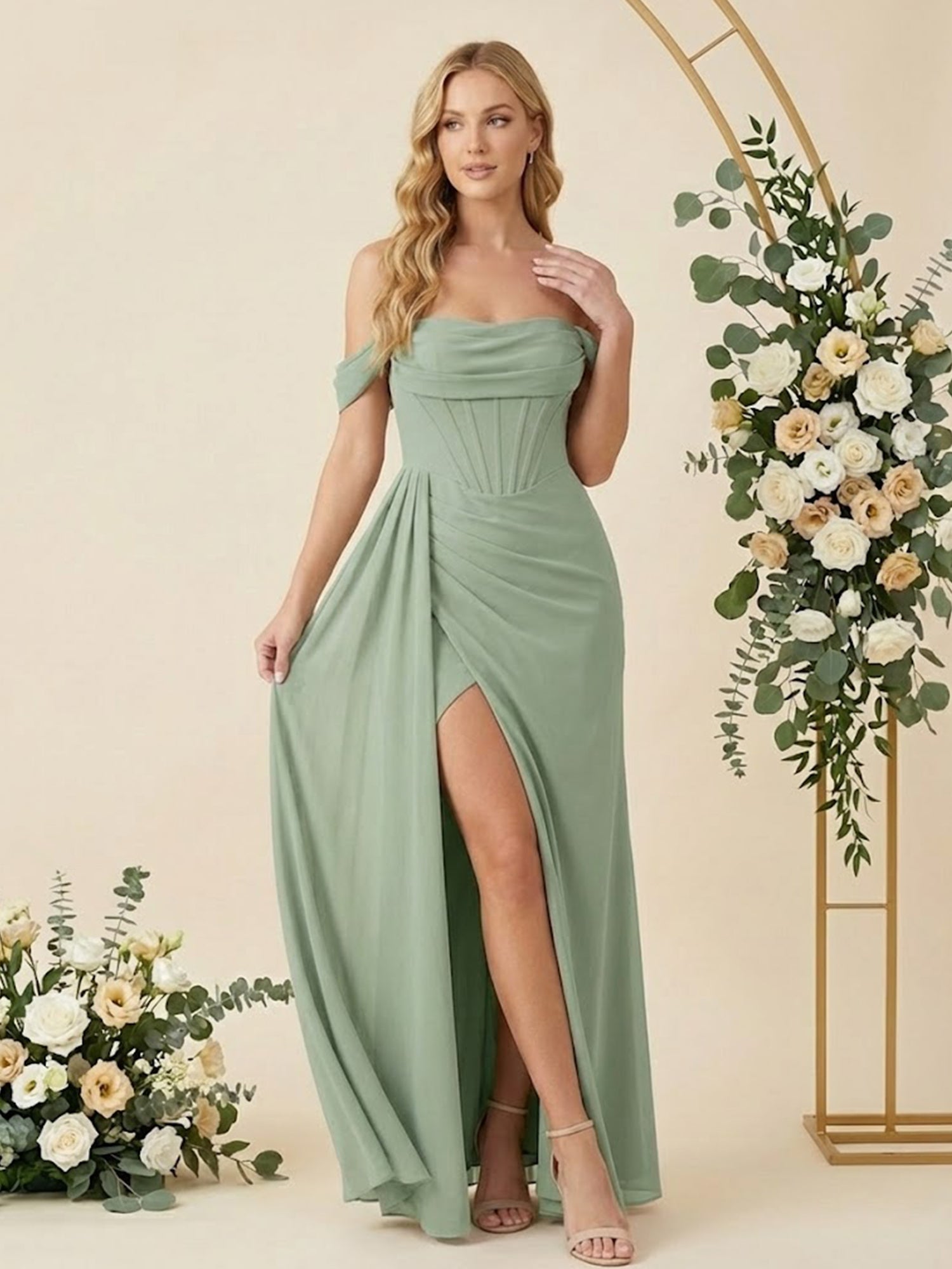 Off the Shoulder A Line Chiffon Pleat Long Bridesmaid Dresses with Slit