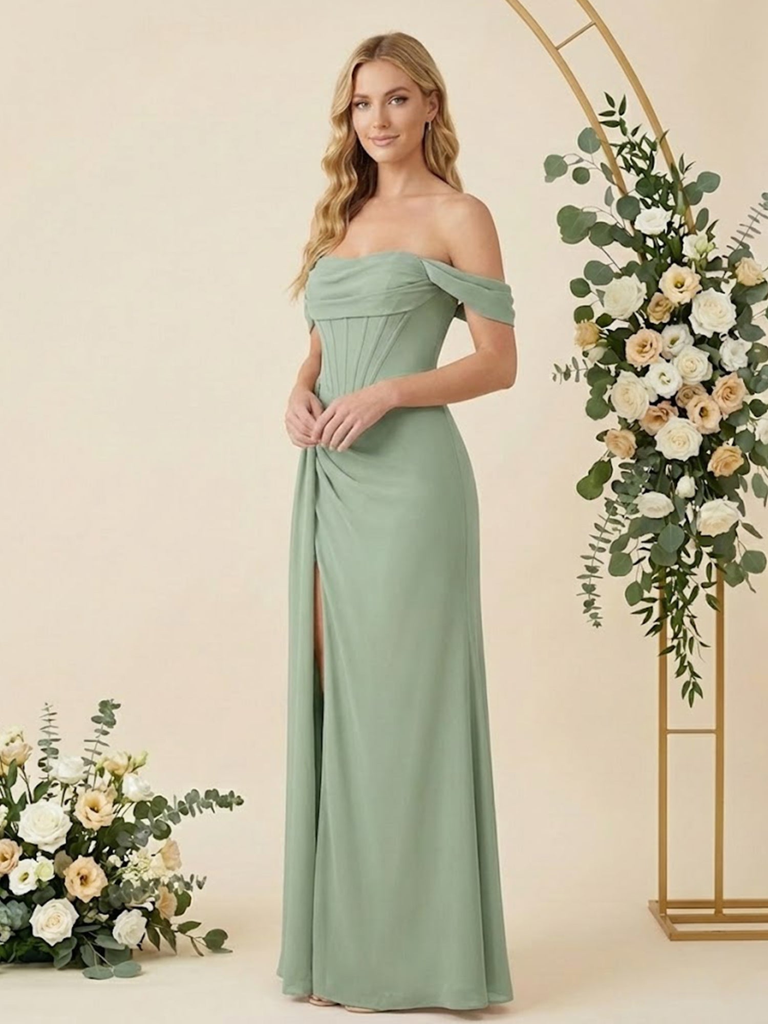 Off the Shoulder A Line Chiffon Pleat Long Bridesmaid Dresses with Slit