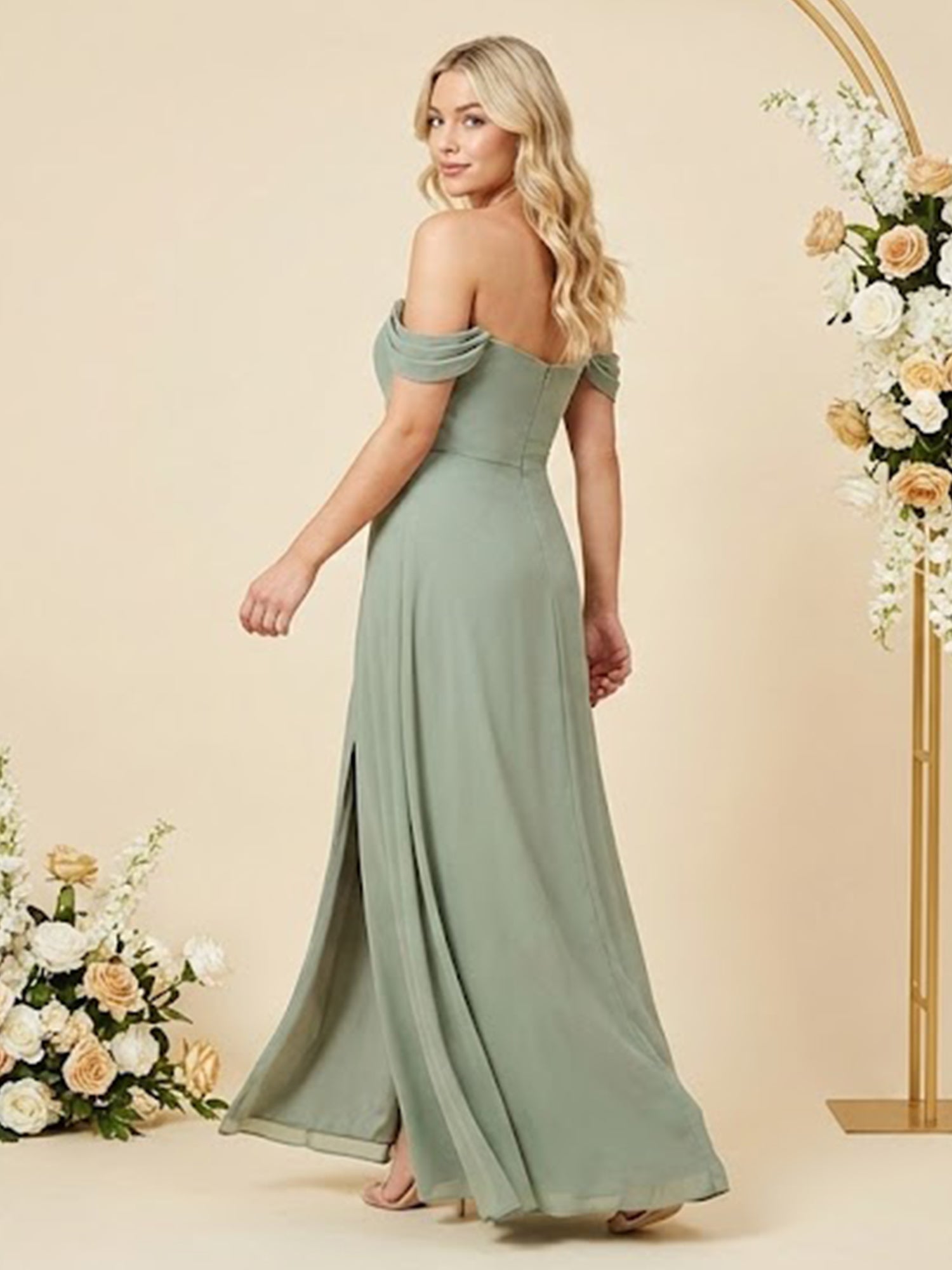 Off the Shoulder A Line Chiffon Pleat Long Bridesmaid Dresses with Slit