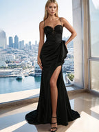 Evening Dress Black Embroidered Tube Top High Slit Long Dress