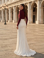 Turtleneck Long Sleeve Sequin Lace Mermaid Evening Dress with High Slit