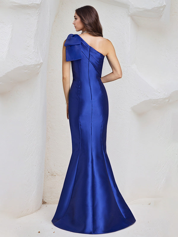 Trumpet/Meerjungfrauen-Satin-Kleid, One-Shoulder, ärmellos, bodenlang mit Schleife