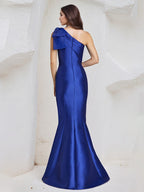 Trumpet/Meerjungfrauen-Satin-Kleid, One-Shoulder, ärmellos, bodenlang mit Schleife