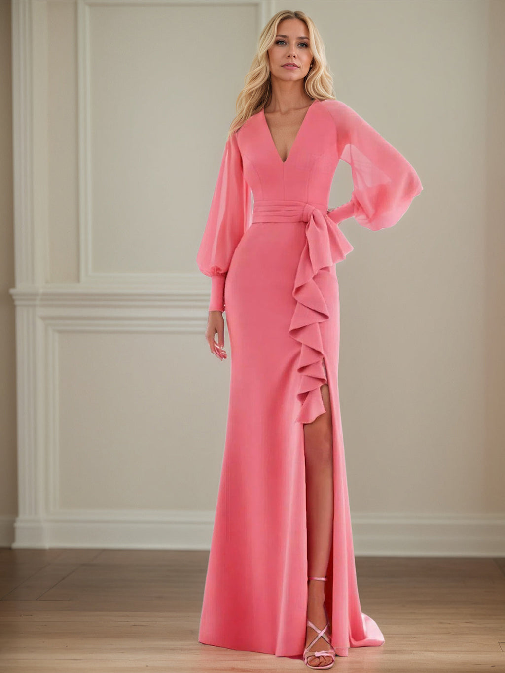 Dianthus Stretch Krepp Etuikleid/Säulenkleid V-Ausschnitt bodenlang Brautmutterkleid