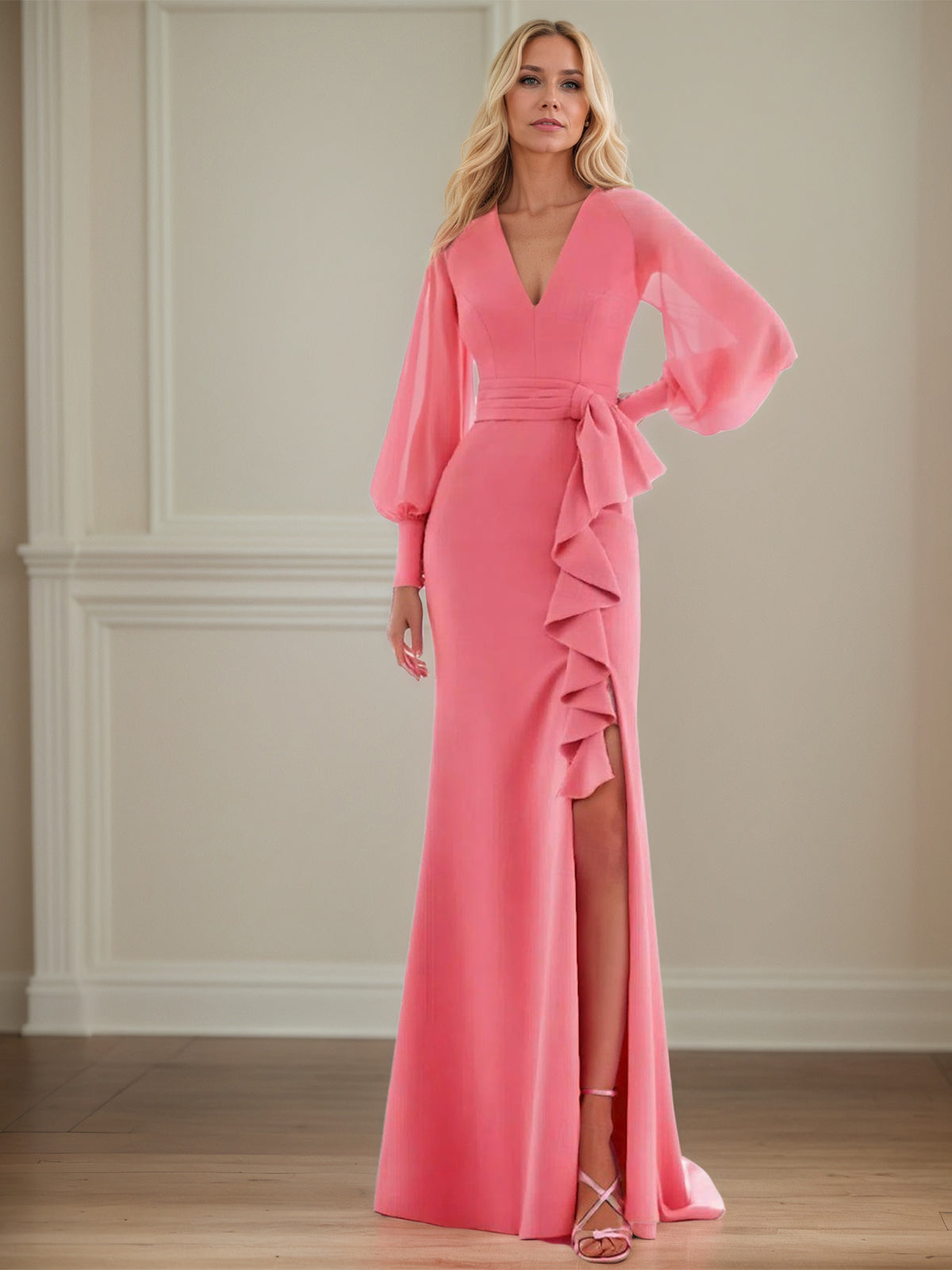 Dianthus Stretch Krepp Etuikleid/Säulenkleid V-Ausschnitt bodenlang Brautmutterkleid