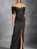 Vestidos para madre de la novia tubo/columna con escote off-the-shoulder, mangas cortas y largo hasta el suelo con abertura frontal