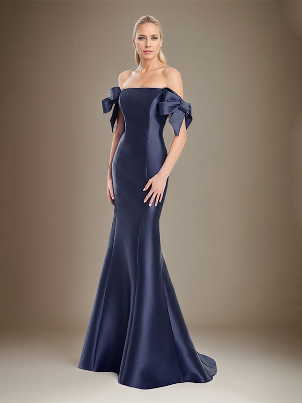 Trumpet/Meerjungfrau schulterfreies bodenlanges Satin Mutter der Braut Kleid mit Schleifenärmeln