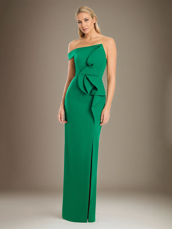 Schwarzes Etuikleid/Säulenkleid, schulterfrei, Stretch-Crêpe, Mutter der Braut Kleid mit hohem Schlitz