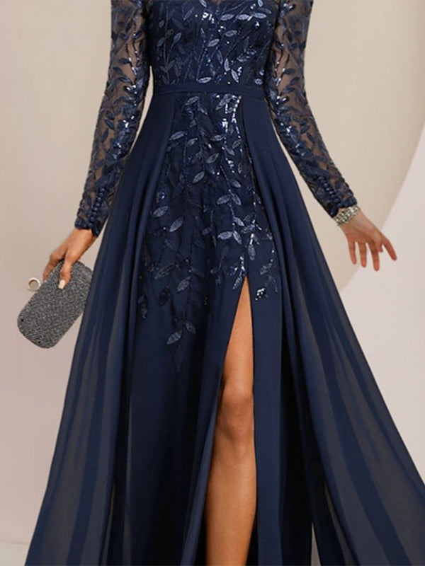 Vestidos de madre de la novia en línea A/princesa con escote redondo, largo hasta el suelo, abertura lateral, volantes y lentejuelas