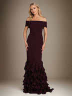 Abito da madre della sposa a tromba/sirena in chiffon senza spalline con scollo a barca, lunghezza fino a terra e volant