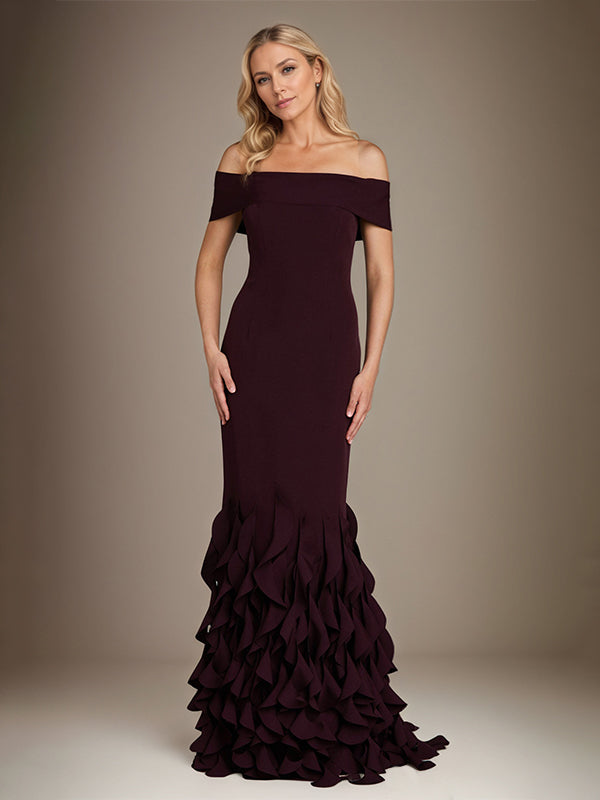 Trumpet/Mermaid schulterfreies, ärmelloses, bodenlanges Chiffon-Mutter-der-Braut-Kleid mit Rüschen