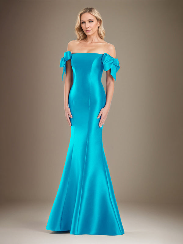 Trumpet/Meerjungfrau schulterfreies bodenlanges Satin Mutter der Braut Kleid mit Schleifenärmeln
