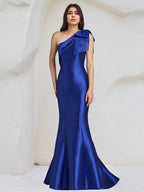 Trumpet/Meerjungfrauen-Satin-Kleid, One-Shoulder, ärmellos, bodenlang mit Schleife