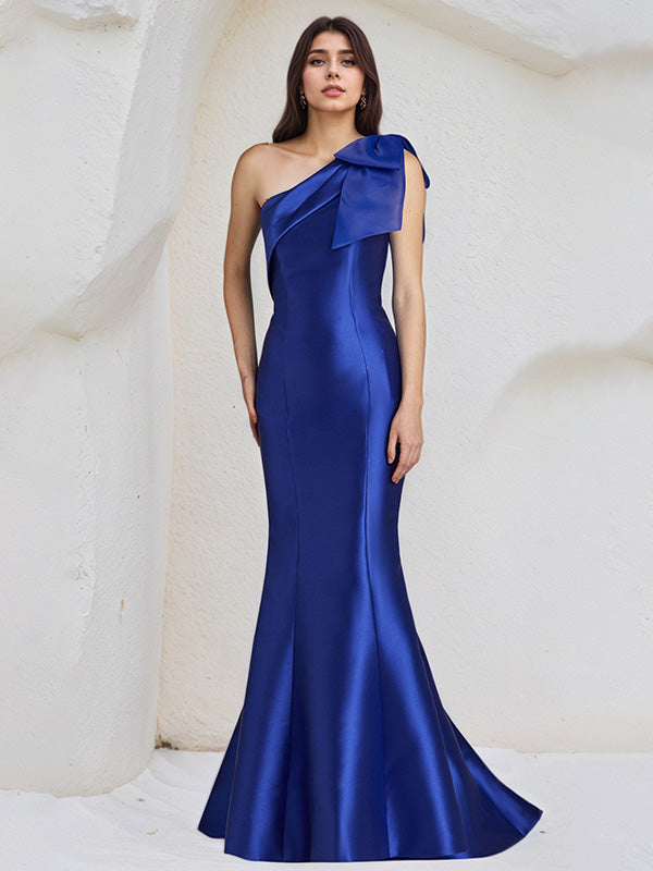 Trumpet/Meerjungfrauen-Satin-Kleid, One-Shoulder, ärmellos, bodenlang mit Schleife