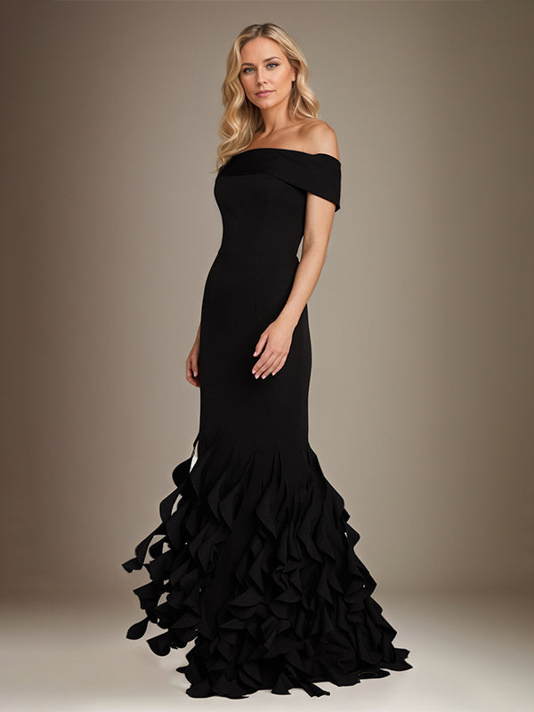 Trumpet/Mermaid schulterfreies, ärmelloses, bodenlanges Chiffon-Mutter-der-Braut-Kleid mit Rüschen