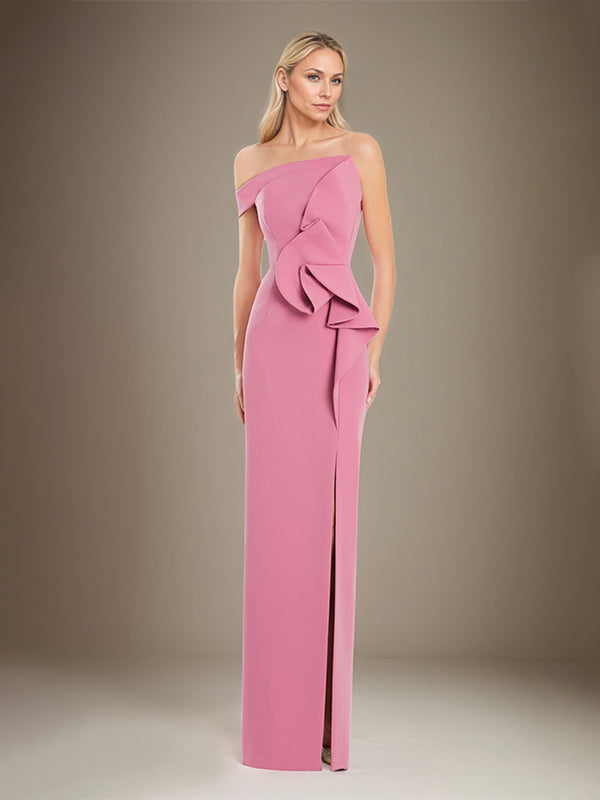 Schwarzes Etuikleid/Säulenkleid, schulterfrei, Stretch-Crêpe, Mutter der Braut Kleid mit hohem Schlitz