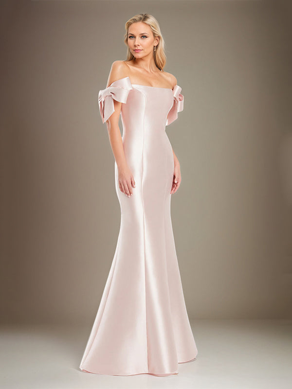 Trumpet/Meerjungfrau schulterfreies bodenlanges Satin Mutter der Braut Kleid mit Schleifenärmeln