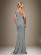 Vestido de madre de la novia trompeta/sirena de gasa, sin mangas y de un solo hombro, con apliques