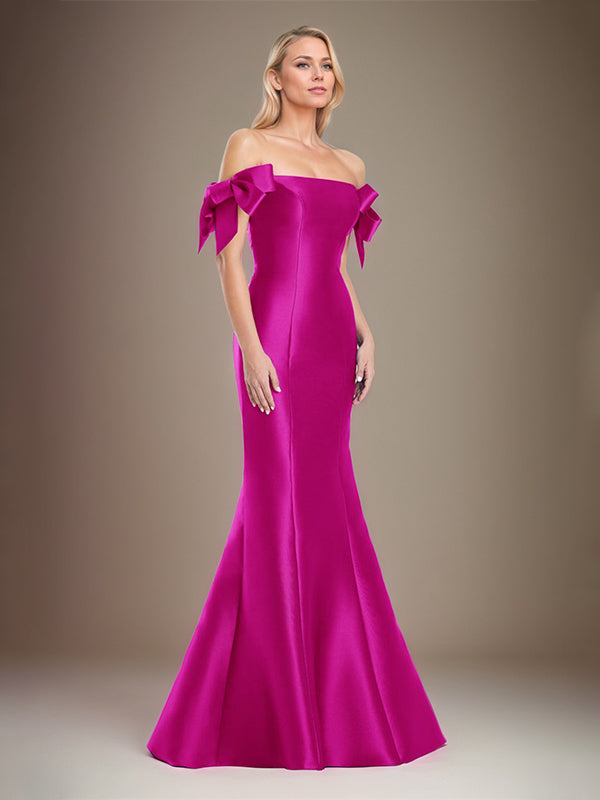 Trumpet/Meerjungfrau schulterfreies bodenlanges Satin Mutter der Braut Kleid mit Schleifenärmeln