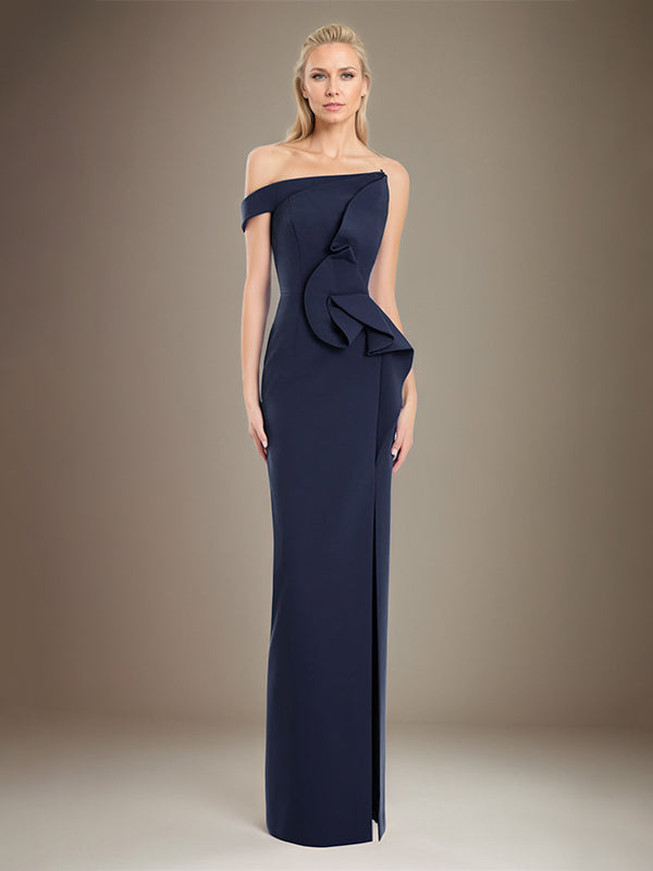 Schwarzes Etuikleid/Säulenkleid, schulterfrei, Stretch-Crêpe, Mutter der Braut Kleid mit hohem Schlitz