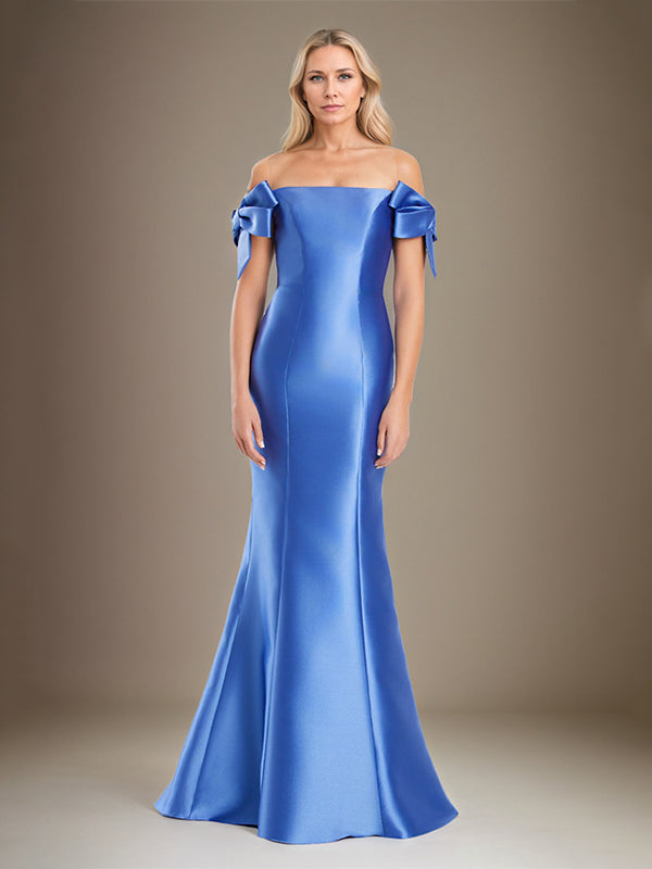 Trumpet/Meerjungfrau schulterfreies bodenlanges Satin Mutter der Braut Kleid mit Schleifenärmeln