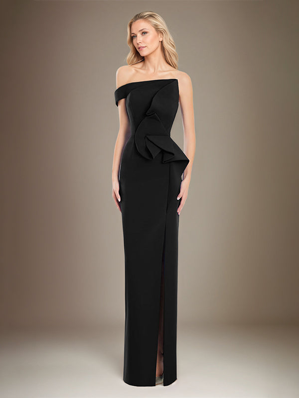 Schwarzes Etuikleid/Säulenkleid, schulterfrei, Stretch-Crêpe, Mutter der Braut Kleid mit hohem Schlitz