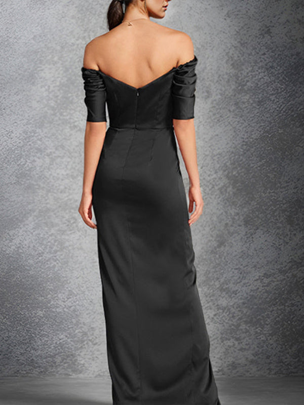 Vestidos para madre de la novia tubo/columna con escote off-the-shoulder, mangas cortas y largo hasta el suelo con abertura frontal
