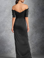 Vestidos para madre de la novia tubo/columna con escote off-the-shoulder, mangas cortas y largo hasta el suelo con abertura frontal
