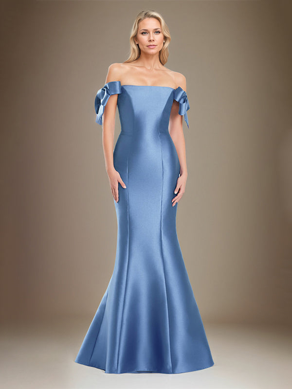 Trumpet/Meerjungfrau schulterfreies bodenlanges Satin Mutter der Braut Kleid mit Schleifenärmeln