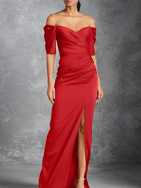 Robe mère de la mariée longue fourreau/colonne en satin à manches courtes décolleté bardot avec fente devant