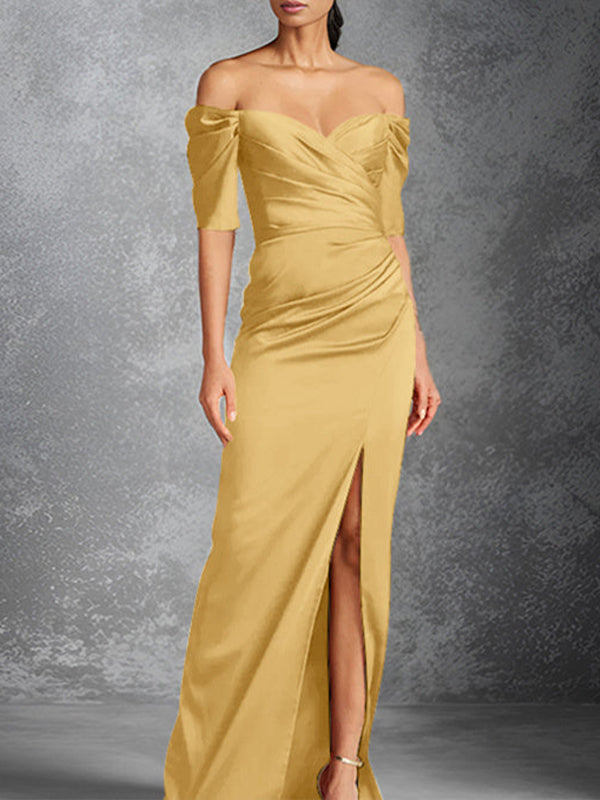 Robe mère de la mariée longue fourreau/colonne en satin à manches courtes décolleté bardot avec fente devant