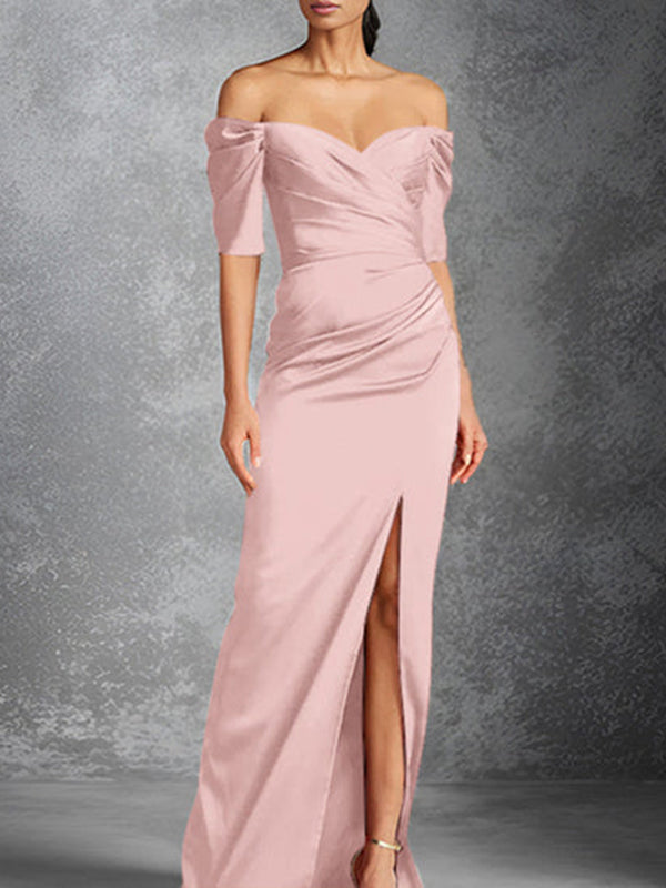 Robe mère de la mariée longue fourreau/colonne en satin à manches courtes décolleté bardot avec fente devant
