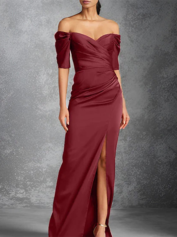 Robe mère de la mariée longue fourreau/colonne en satin à manches courtes décolleté bardot avec fente devant