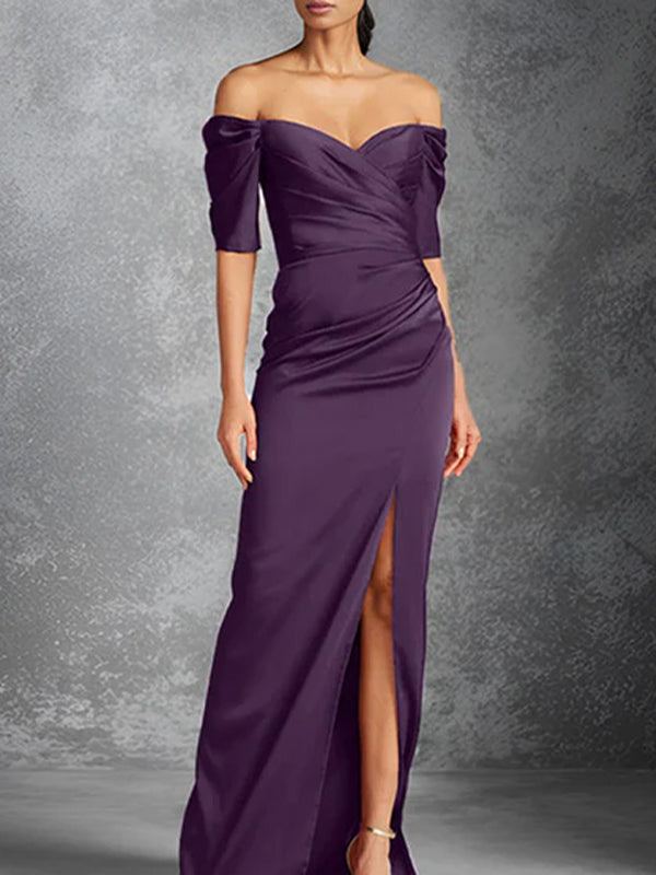 Robe mère de la mariée longue fourreau/colonne en satin à manches courtes décolleté bardot avec fente devant