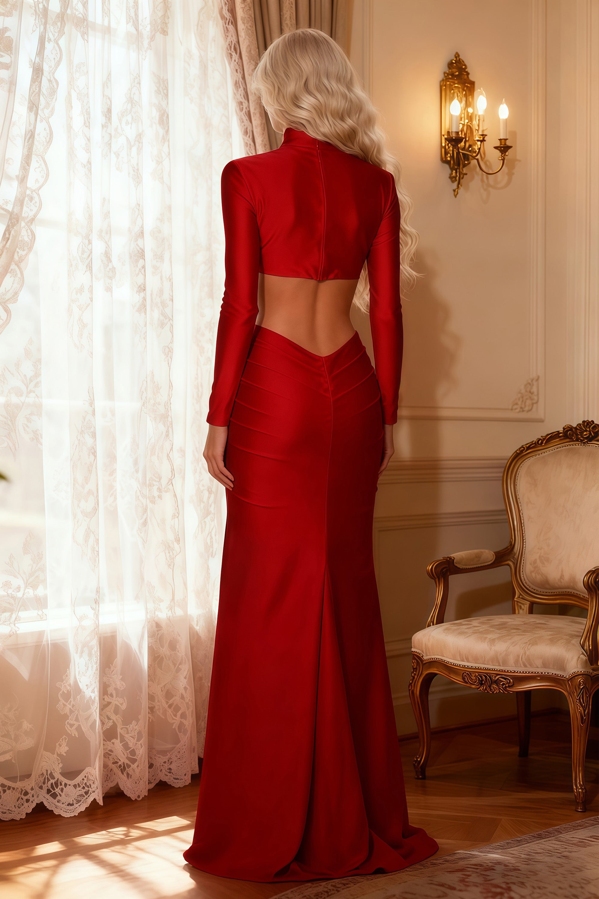High Neck Long Sleeve Cutout Maxi Dress with Rosette Accent