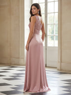 Pink One-Shoulder Sequin Slit Satin Evening Dress