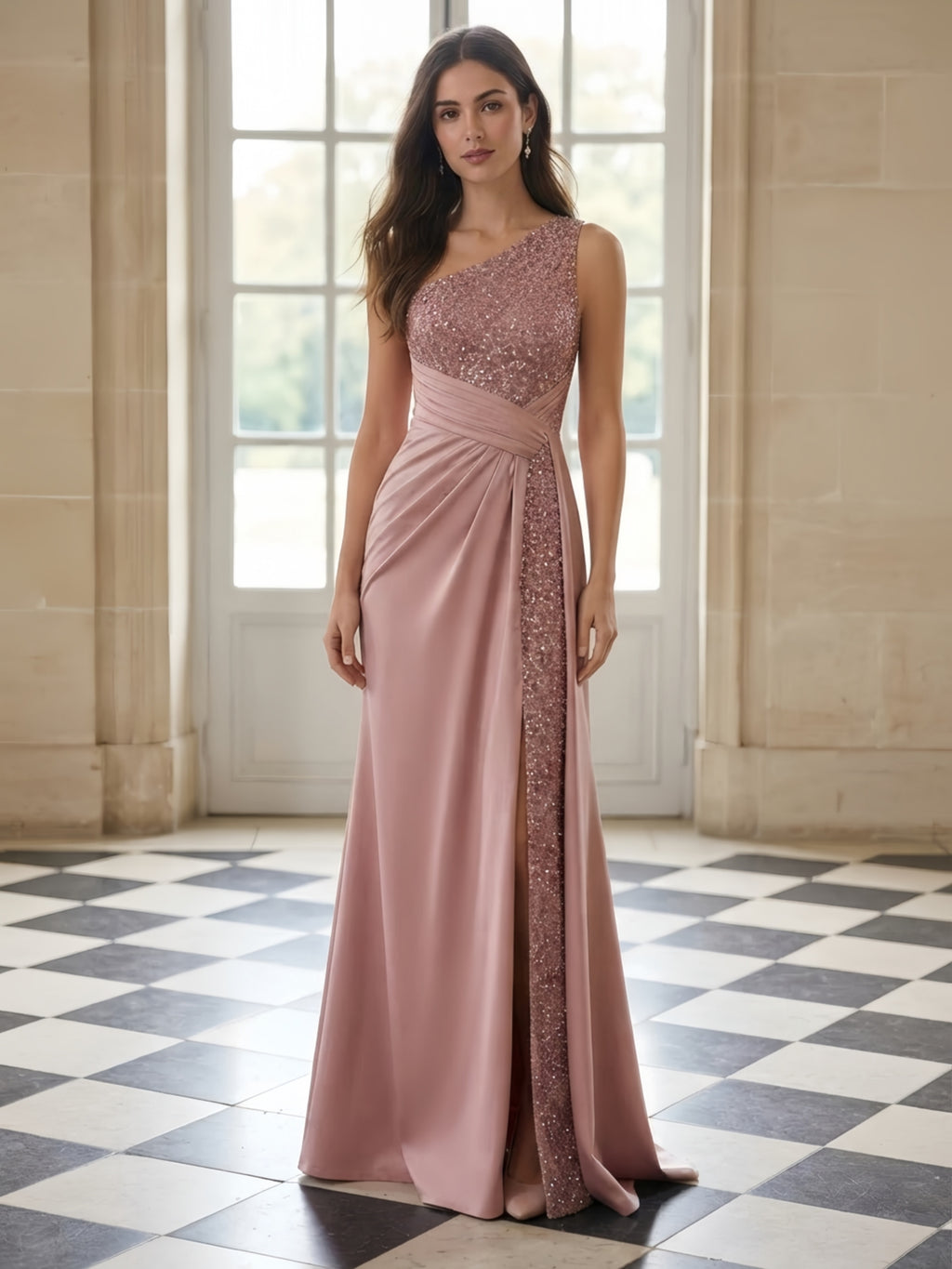 Pink One-Shoulder Sequin Slit Satin Evening Dress