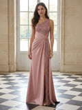 Pink One-Shoulder Sequin Slit Satin Evening Dress