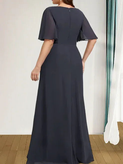 A-Linien Rundhals bodenlanges Chiffon Mutter der Braut Kleid mit kaskadierenden Rüschen Perlen Pailletten