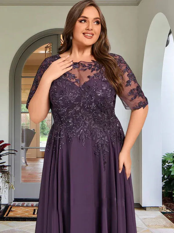 A-Linien Scoop-Ausschnitt Illusion asymmetrisches Chiffon-Spitzen-Mutter-der-Braut-Kleid mit Pailletten