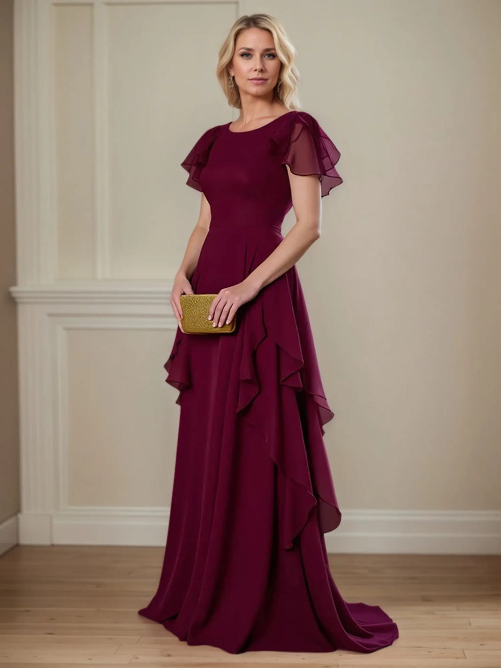 A-Linien Kleid mit Rundhalsausschnitt, kurzen Ärmeln und Rüschen, Chiffon, Mutter der Braut