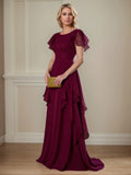 A-Linien Kleid mit Rundhalsausschnitt, kurzen Ärmeln und Rüschen, Chiffon, Mutter der Braut
