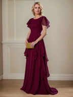 A-Linien Kleid mit Rundhalsausschnitt, kurzen Ärmeln und Rüschen, Chiffon, Mutter der Braut