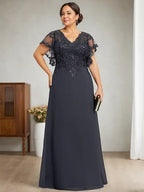 A-Linien V-Ausschnitt Bodenlanges Spitzen-Chiffon Kleid für die Brautmutter mit Pailletten