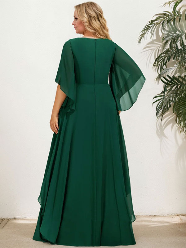 Vestido de madre de la novia línea A con escote en V, largo hasta el suelo, de gasa con apliques de lentejuelas y cuentas de encaje