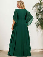 Vestido de madre de la novia línea A con escote en V, largo hasta el suelo, de gasa con apliques de lentejuelas y cuentas de encaje