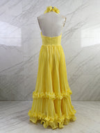 Yellow A Line Pleated Halter Ruffle Long Prom Dress