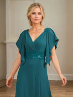 A-Linien V-Ausschnitt Appliziertes bodenlanges Kleid für die Brautmutter mit Rüschen