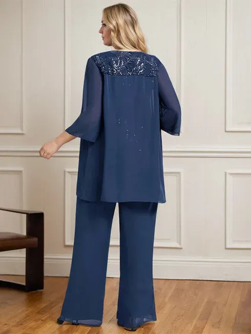 Conjunto separado mono/pantalón con escote redondo, encaje y gasa largo hasta el suelo para madre de la novia con lentejuelas