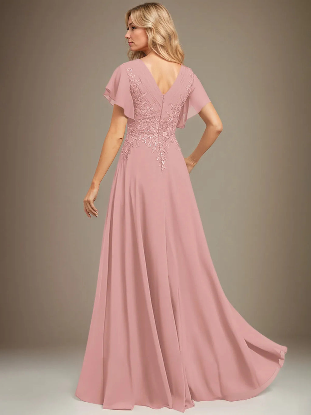 A Line V Neck Floor Length Lace Chiffon Evening Dress With Pleated Sequins